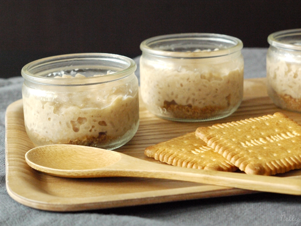 Petits pots de riz au lait façon cheesecake au coulis de Petit beurre/chocolat