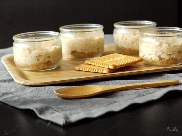 Petits pots de riz au lait façon cheesecake au coulis de Petit beurre/chocolat