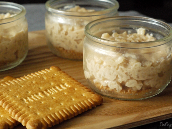 Petits pots de riz au lait façon cheesecake au coulis de Petit beurre/chocolat